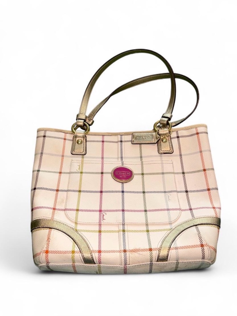 Coach plaid purse with hot pink logo and gold trim
